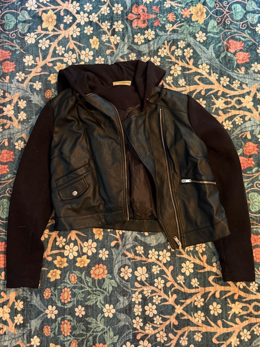 Black Faux Leather Hooded Moto Jacket